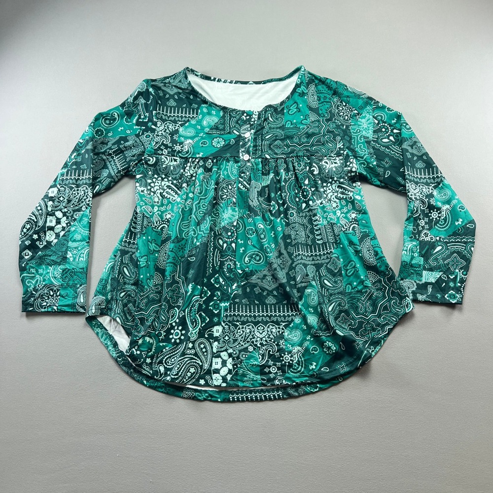 Womens Blouse Top 2XL Green Bandana Paisley Print Empire Waist Curved Hem Boho